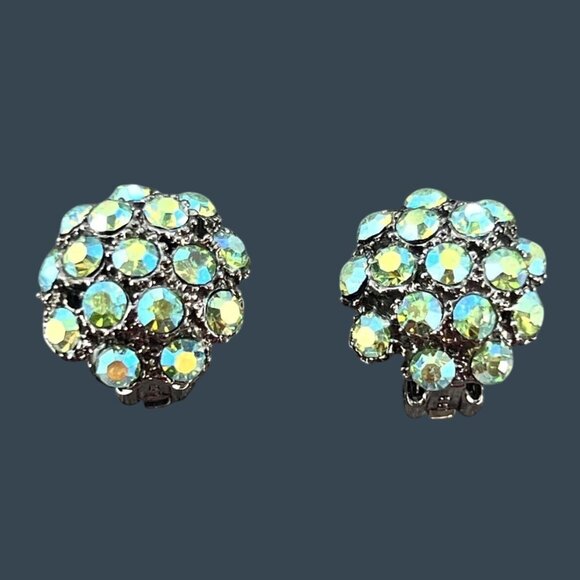 Vintage Aurora Borealis Rhinestone Dome Cluster Clip On Earrings Silver Tone - Picture 1 of 7